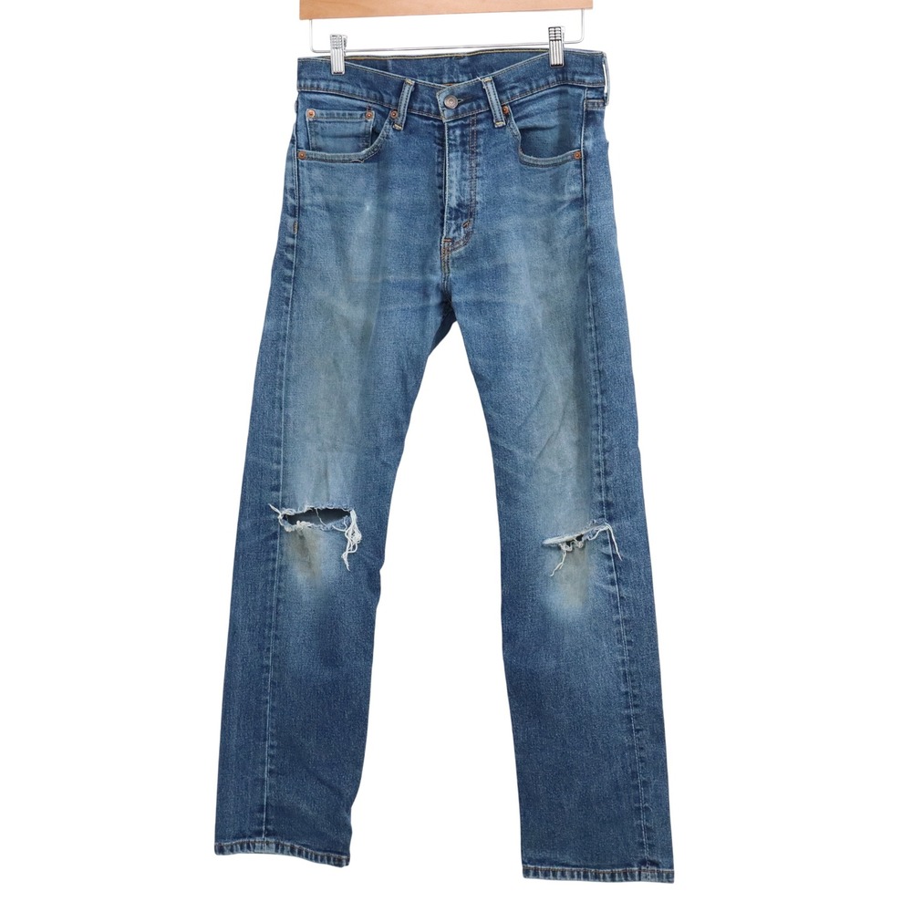 Levis Jeans Mens 32x28 505 Regular Fit Blue Distressed Custom Hem Fair